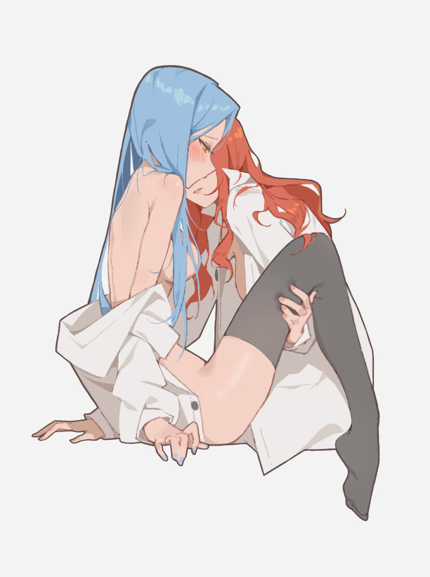 2girls back bare_shoulders blue_hair blue_nails blush breasts coat cytus feet hand_on_thigh highres long_hair multiple_girls no_panties orange_hair orange_nails sitting thighhighs thighs trove undressing white_coat yuri