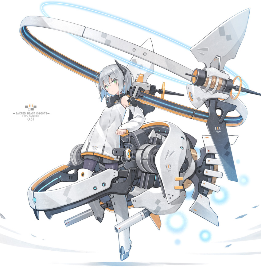 1girl armored_boots bangs bare_shoulders black_legwear black_shorts boots closed_mouth commentary detached_sleeves dress eyebrows_visible_through_hair full_body green_eyes grey_hair hair_between_eyes highres long_sleeves mecha_musume original pantyhose poco_(asahi_age) short_shorts shorts sleeveless sleeveless_dress sleeves_past_wrists solo white_background white_dress white_sleeves