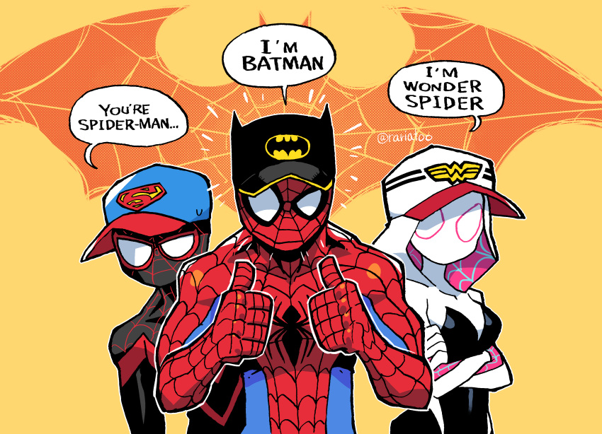 1girl 2boys absurdres annoyed arms_under_breasts baseball_cap bat batman_(series) bodysuit commentary_request crossed_arms crossover dc_comics double_thumbs_up english_text gwen_stacy hat highres hood hood_up jaggy_line looking_at_viewer marvel meta miles_morales multiple_boys rariatto_(ganguri) speech_bubble spider-gwen spider-man spider-man_(miles_morales) spider-man_(series) superman_(series) thumbs_up twitter_username watermark wonder_woman_(series)