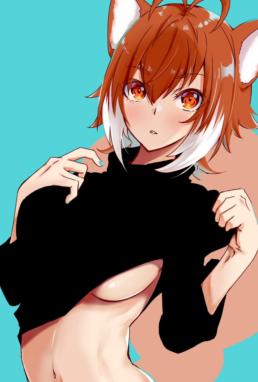 1girl absurdres animal_ears antenna_hair blazblue blush breasts brown_eyes brown_hair chukachuka eyebrows_visible_through_hair highres large_breasts looking_at_viewer makoto_nanaya navel open_mouth short_hair simple_background solo squirrel_ears squirrel_girl squirrel_tail tail white_hair