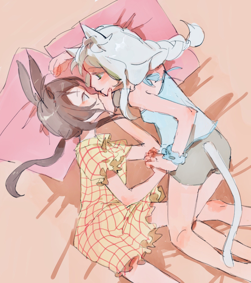 2girls alternate_hairstyle amiya_(arknights) animal_ears arknights bare_shoulders bed_sheet blush braid brown_hair cat_ears cat_girl cat_tail clothing_cutout eye_contact halterneck hand_on_another's_chin highres holding_hands interlocked_fingers long_hair looking_at_another low_ponytail multiple_girls pillow rabbit_ears rabbit_girl rosmontis_(arknights) scrunchie shorts silver_hair smile symbol-only_commentary tail tail_cutout wrist_scrunchie wudui128 yuri