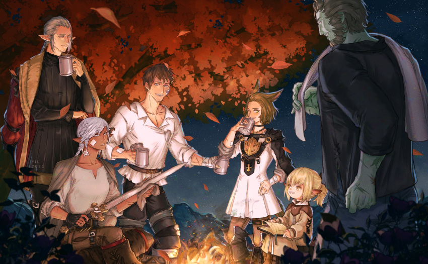 3boys 3girls animal_ears ardbert_(ff14) bandage_on_face bandaged_arm bandages blonde_hair branden_(ff14) brown_hair campfire cat_ears cat_tail cup cyella elezen elf final_fantasy final_fantasy_xiv hyur jacket jacket_on_shoulders lalafell lamitt leaf miqo'te mug multiple_boys multiple_girls night nyelbert pointy_ears polishing renda-rae roegadyn sitting smile standing sword tail tree weapon yil