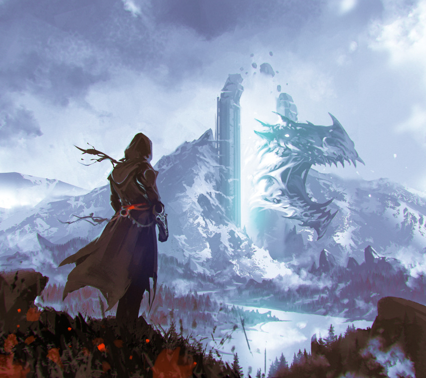 1other absurdres ambiguous_gender commentary dragon facing_away forest from_behind gloves highres hood hood_up hooded_robe kalmahul long_sleeves mountain nature open_mouth original portal_(object) robe scenery sharp_teeth solo standing teeth