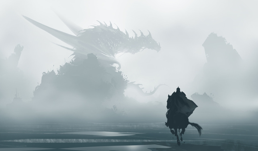 1other absurdres ambiguous_gender blue_theme commentary dragon fog from_behind from_side glowing glowing_eye highres horse kalmahul monochrome original outdoors riding scenery spikes tail wings