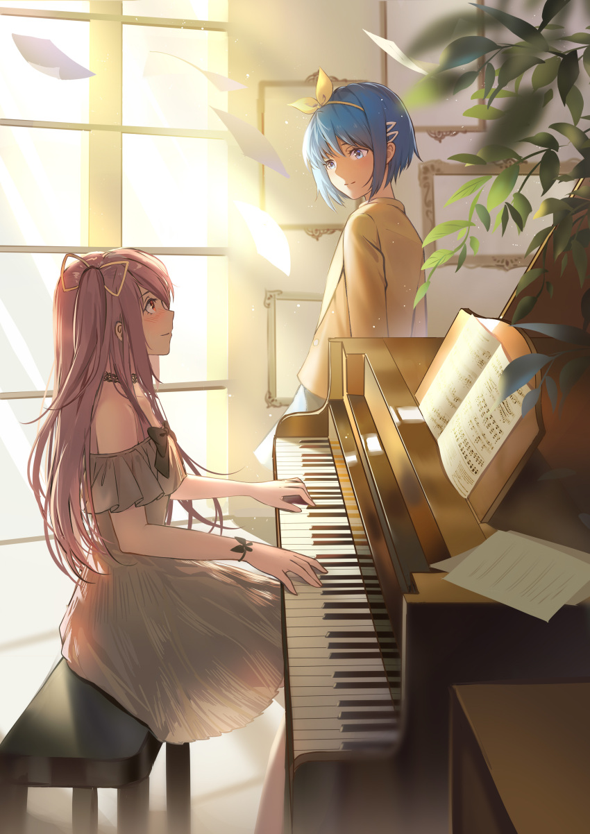 2girls absurdres black_bow blue_hair bow choker commentary day dress eye_contact hair_bow hair_ornament hairclip highres indoors instrument long_hair looking_at_another mahou_shoujo_madoka_magica miki_sayaka morimori_(14292311) multiple_girls music paper piano piano_bench picture_frame pink_hair plant playing_instrument sakura_kyouko sheet_music short_hair sitting standing sunlight yellow_bow