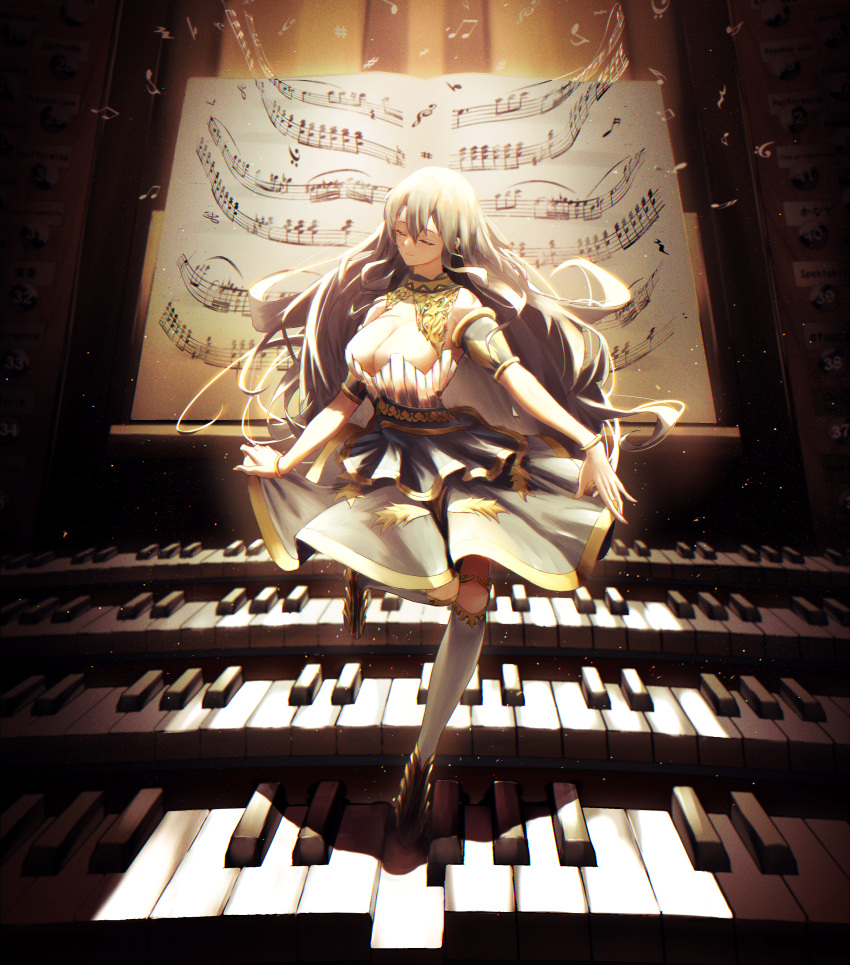 1girl absurdres armlet bangle bass_clef beamed_sixteenth_notes bracelet breasts brown_theme cleavage closed_eyes dancing eighth_note facing_viewer flat_sign full_body grey_hair grey_skirt highres instrument jewelry kneehighs large_breasts layered_skirt light_particles long_hair minigirl musical_note organ_(instrument) original pipe_organ quarter_note quarter_rest sharp_sign sheet_music shoes skirt skirt_hold sleeveless solo spinning surreal toi1et_paper white_legwear