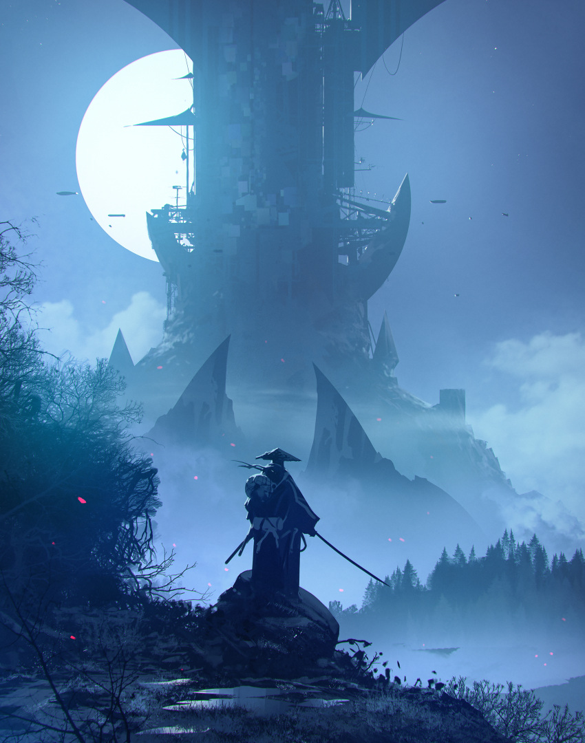 1other absurdres ambiguous_gender backpack bag cloud commentary forest from_behind hat highres holding holding_sword holding_weapon japanese_clothes kalmahul moon nature night original outdoors scenery solo standing sword tower tree weapon