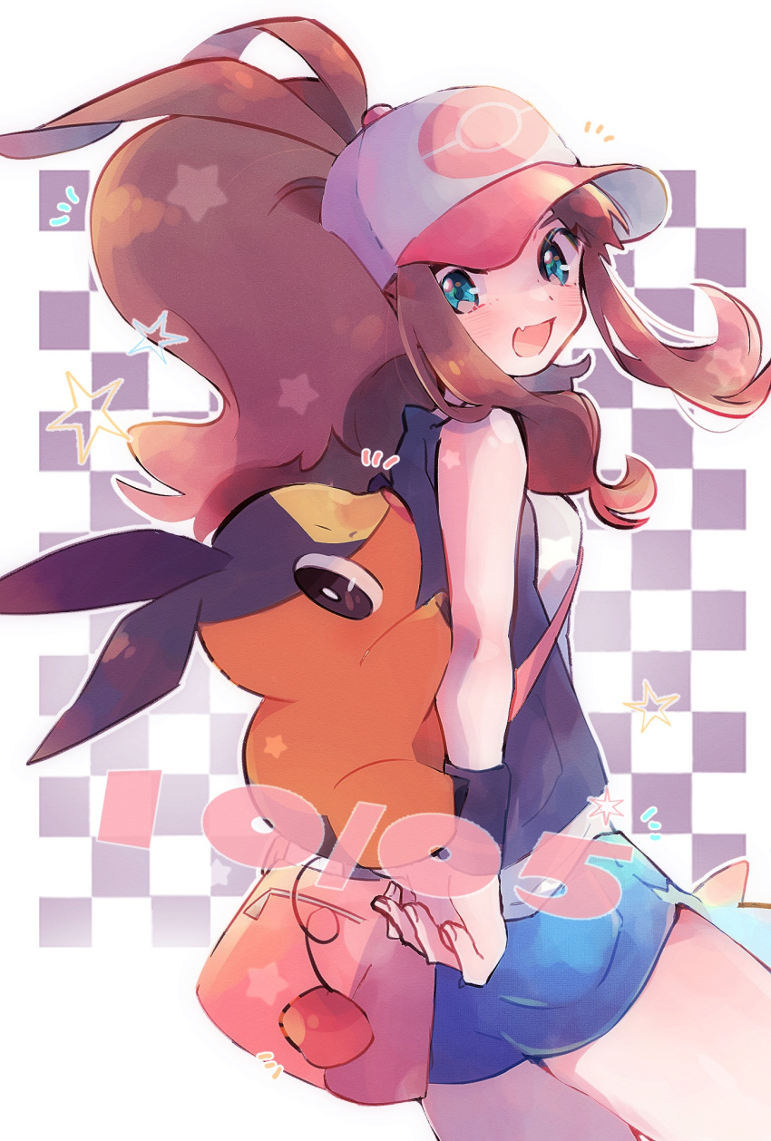 1girl :d antenna_hair bag baseball_cap black_vest blue_shorts brown_hair commentary_request fang from_side green_eyes hat highres hilda_(pokemon) long_hair looking_at_viewer looking_to_the_side misha_(ohds101) notice_lines open_clothes open_mouth open_vest pink_bag pokemon pokemon_(creature) pokemon_(game) pokemon_bw shirt short_shorts shorts shoulder_bag sidelocks smile star_(symbol) tepig tongue vest white_shirt