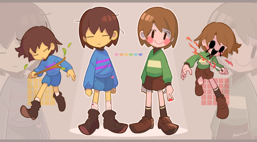 2others bangs blue_shorts blush_stickers brown_footwear brown_hair brown_shorts chara_(undertale) closed_mouth commentary_request frisk_(undertale) heart highres holding holding_knife holding_stick knife long_sleeves messy_hair multiple_others multiple_tails open_mouth senjochi_janai shirt shorts simple_background smile socks stick striped striped_shirt tail twitter_username undertale white_legwear