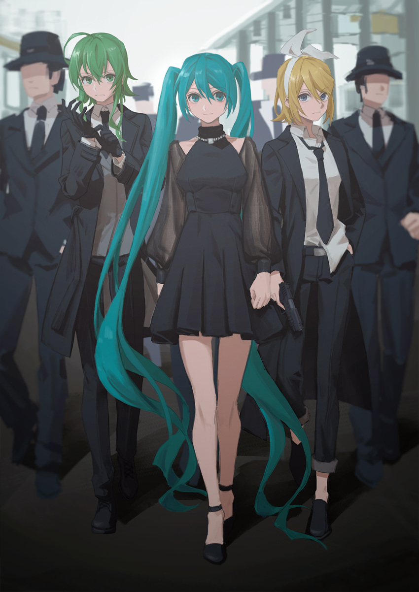 3girls adjusting_clothes adjusting_gloves ahoge aqua_eyes aqua_hair belt black_dress black_footwear black_gloves black_headwear black_jacket black_necktie black_pants black_suit blonde_hair blue_eyes blurry blurry_background bow collarbone dress expressionless faceless faceless_male fedora formal gangster gloves green_eyes green_hair grey_vest gumi gun hair_bow hand_in_pocket hat hatsune_miku high_heels highres holding holding_gun holding_weapon jacket jewelry kagamine_rin long_hair looking_at_viewer mafia medium_hair multiple_girls necklace necktie pants shirt short_hair standing suit suit_jacket twintails untucked_shirt very_long_hair vest vocaloid walking weapon white_bow white_shirt wounds404
