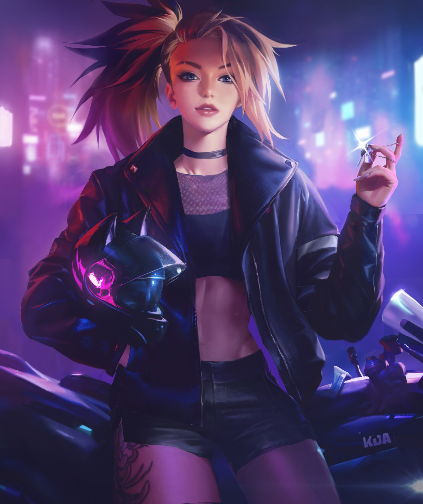 1girl absurdres akali blonde_hair blue_eyes choker crop_top eyeshadow ground_vehicle headwear_removed helmet helmet_removed highres holding holding_key jacket k/da_(league_of_legends) key league_of_legends leesuyeon leg_tattoo lips looking_at_viewer makeup motor_vehicle motorcycle motorcycle_helmet multicolored_hair open_clothes open_jacket parted_lips scar_through_eyebrow shorts solo tattoo the_baddest_akali two-tone_hair