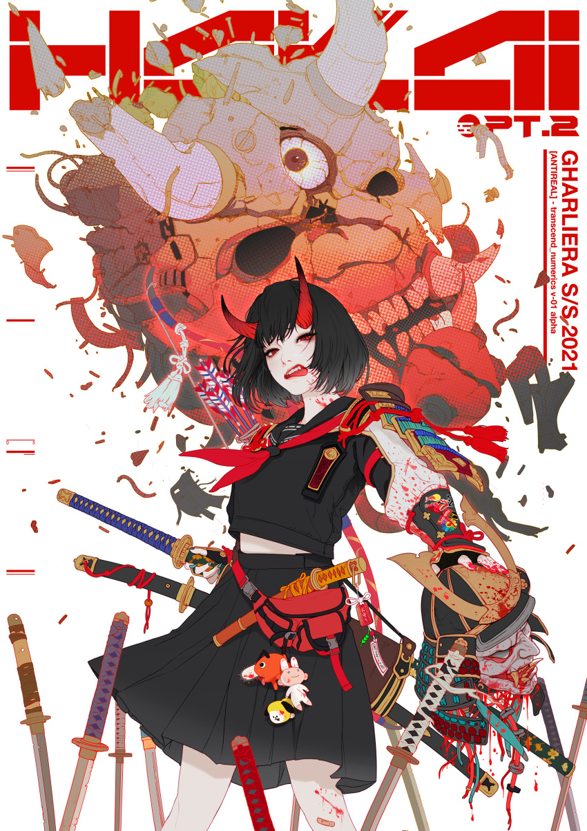 1girl absurdres armor bangs black_hair black_shirt black_skirt charm_(object) cowboy_shot dismemberment eye_focus fangs gharliera1 head highres holding holding_head holding_weapon horns japanese_armor katana neckerchief oni oni_horns original pleated_skirt red_horns red_neckerchief shirt short_hair shoulder_armor simple_background skirt solo sword teeth third_eye tongue tongue_out upper_teeth weapon white_background