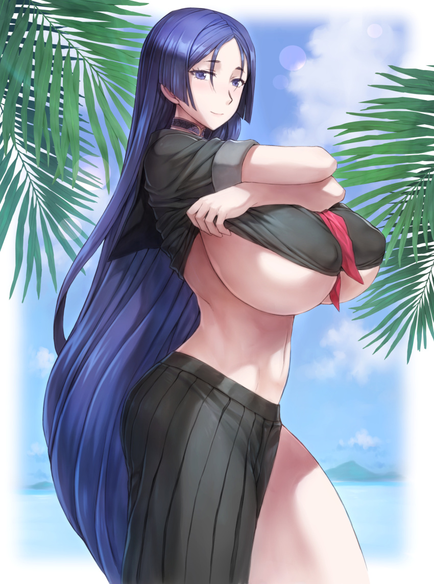 1girl bangs blue_sky breasts choker cloud cloudy_sky covered_nipples fate/grand_order fate_(series) highres horizon huge_breasts lifted_by_self long_hair looking_at_viewer low-tied_long_hair minamoto_no_raikou_(fate) minamoto_no_raikou_(swimsuit_lancer)_(fate) mogudan navel ocean outdoors palm_tree parted_bangs pleated_skirt purple_eyes purple_hair school_uniform serafuku shirt skirt sky smile solo tree underboob very_long_hair