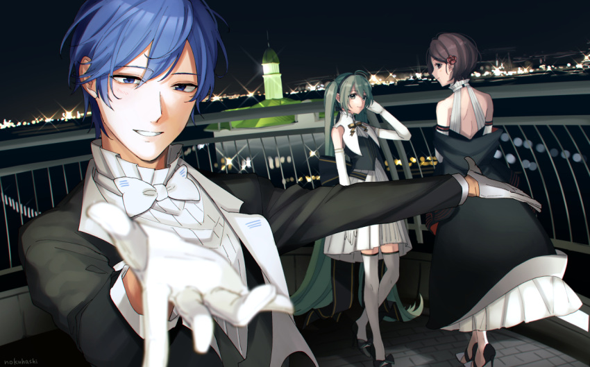 1boy 2girls bare_shoulders blue_eyes blue_hair brown_hair city_lights commentary diffraction_spikes dress flower foreshortening formal gloves green_hair hair_flower hair_ornament hand_up hatsune_miku kaito_(vocaloid) looking_at_viewer looking_back meiko miku_symphony_(vocaloid) multiple_girls night nokuhashi outdoors outstretched_arms railing reaching_out ribbon short_hair smile suit twintails vocaloid