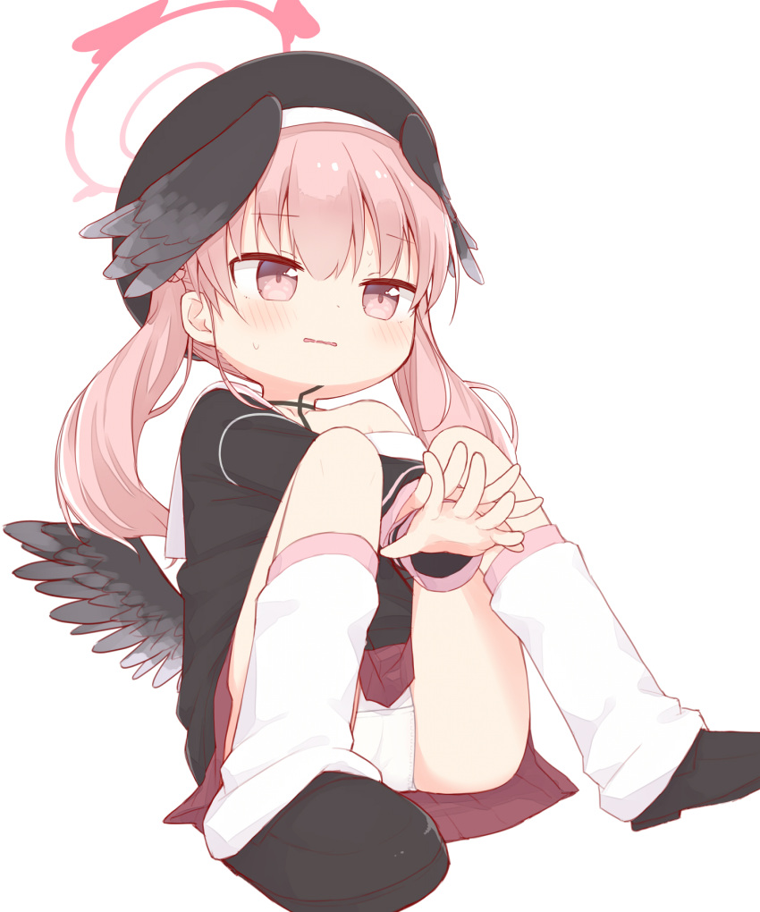 1girl ayanepuna beret between_legs black_footwear black_headwear black_jacket black_wings blue_archive brown_skirt commentary_request feathered_wings halo hand_between_legs hat head_wings highres jacket koharu_(blue_archive) loose_socks low_wings off_shoulder parted_lips pink_eyes pink_hair pleated_skirt shoes simple_background skirt socks solo twintails wavy_mouth white_background white_legwear wings