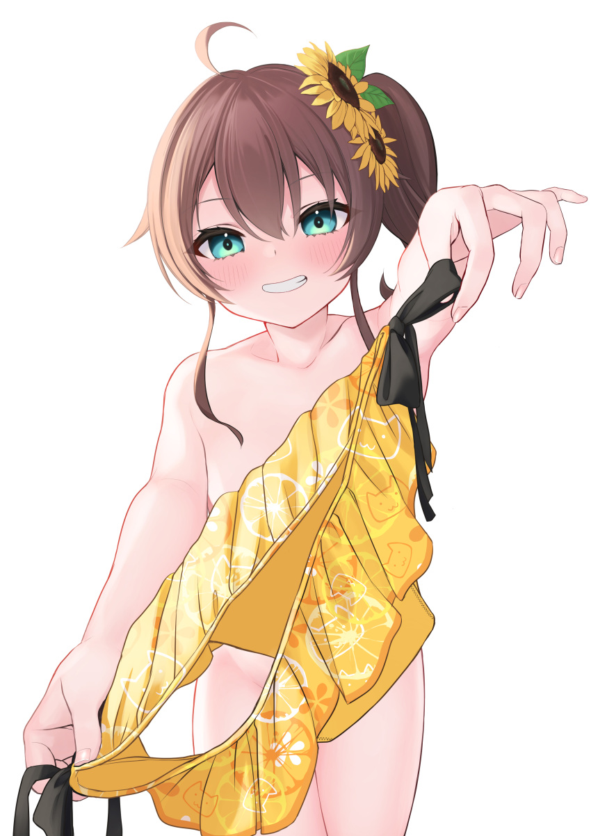 1girl absurdres ahoge aqua_eyes bangs bikini bikini_removed brown_hair collarbone commentary_request cowboy_shot flat_chest flower grin hair_flower hair_ornament highres holding holding_clothes holding_swimsuit hololive medium_hair natsuiro_matsuri norato nude side_ponytail simple_background smile solo standing sunflower swimsuit teeth virtual_youtuber white_background yellow_bikini