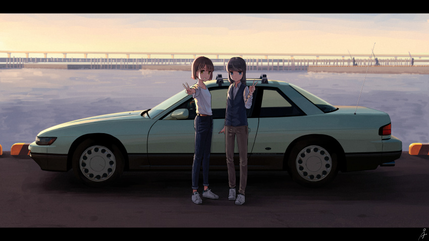 2girls absurdres black_hair blue_eyes bob_cut brown_hair car commentary_request evening extra fishing grin ground_vehicle highres letterboxed long_hair motor_vehicle multiple_girls nissan nissan_s13_silvia nissan_silvia original outdoors pants rudeko32 scenery shirt short_hair smile standing t-shirt v vest yellow_eyes