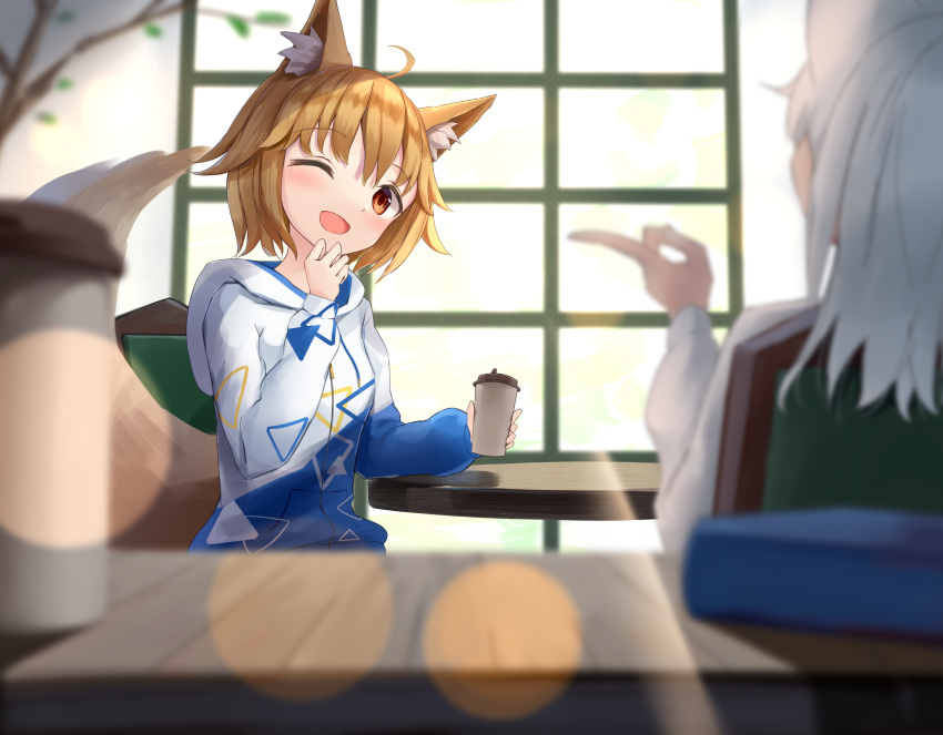 2girls ;d absurdres ahoge akinakesu-chan animal_ear_fluff animal_ears bangs blurry blurry_background blurry_foreground branch breasts brown_eyes brown_hair chair coffee_cup commentary_request commission cup depth_of_field disposable_cup eyebrows_visible_through_hair fox_ears fox_girl fox_tail head_tilt highres holding holding_cup hood hood_down hooded_jacket jacket long_sleeves multiple_girls on_chair one_eye_closed original puffy_long_sleeves puffy_sleeves romaji_commentary short_hair small_breasts smile solo_focus table tail white_hair white_jacket window