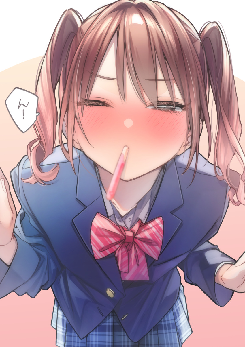 1girl absurdres blush brown_hair commentary_request food highres mouth_hold one_eye_closed original pocky pocky_kiss rinku_(rin9) school_uniform simple_background solo twintails