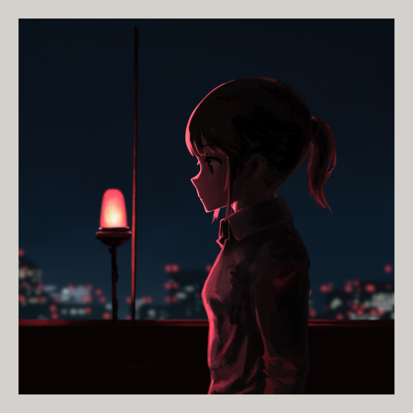 1girl absurdres backlighting border city cityscape highres night original outdoors ponytail profile rudeko32 scenery solo upper_body