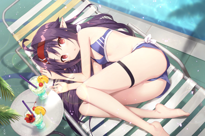 1girl :o ahoge ass bangs bare_arms bare_shoulders barefoot bikini blush breasts commentary_request day drinking_straw from_above gabiran glass hair_intakes hairband long_hair looking_at_viewer lying on_side open_mouth pointy_ears purple_bikini purple_hair red_eyes shiny shiny_hair small_breasts smile solo swimsuit sword_art_online thigh_strap water yuuki_(sao)