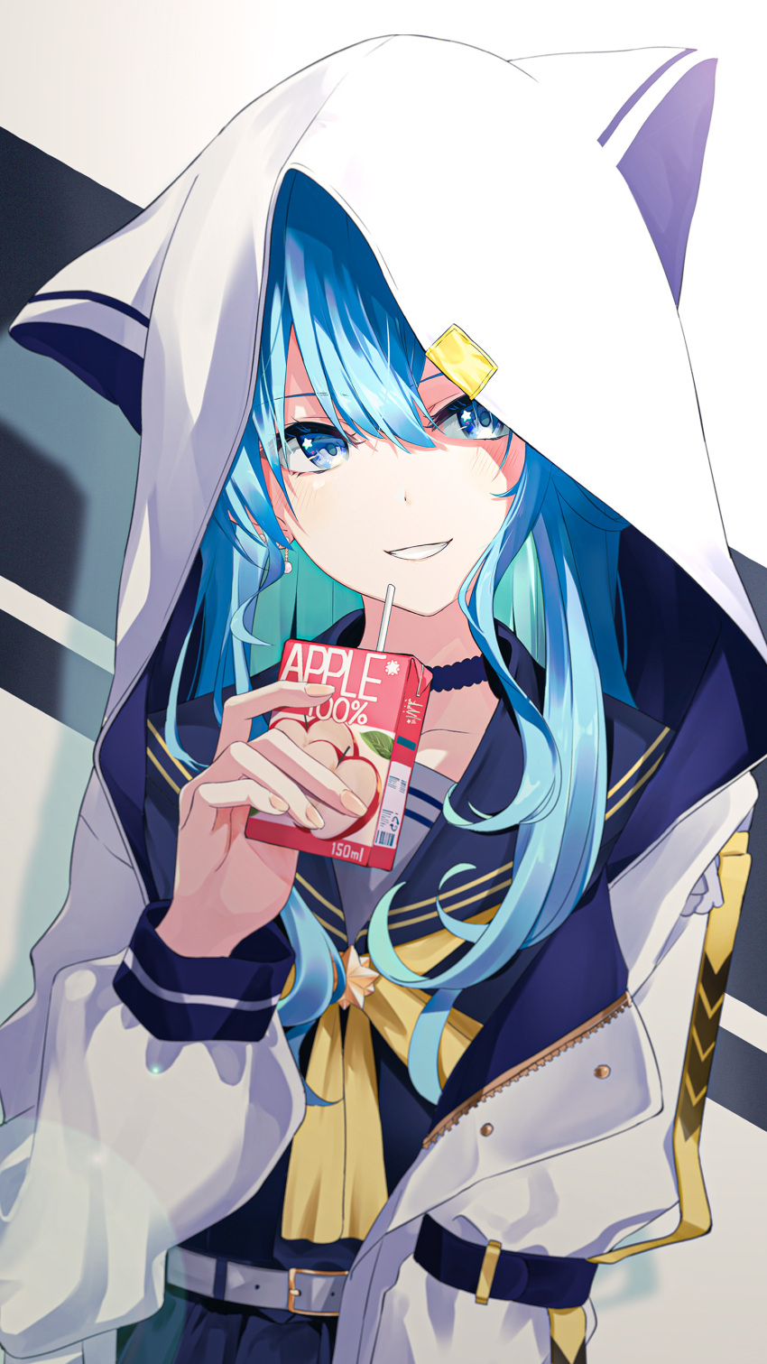 1girl absurdres animal_hood apple_juice bangs blue_choker blue_dress blue_eyes blue_hair blue_sailor_collar bow bowtie choker colored_inner_hair commentary dice_gt dress drink earrings eyebrows_visible_through_hair green_hair grin hair_between_eyes highres holding holding_drink hololive hood hooded_jacket hoshimachi_suisei jacket jewelry juice_box long_hair long_sleeves looking_at_viewer multicolored_hair official_alternate_costume open_clothes open_jacket sailor_collar smile solo star_(symbol) star_in_eye symbol-only_commentary symbol_in_eye virtual_youtuber white_jacket yellow_bow yellow_bowtie