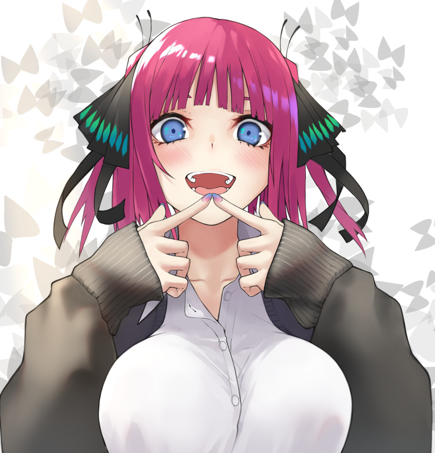 1girl :d absurdres arms_up bangs black_cardigan black_ribbon blue_eyes blunt_bangs blush breasts bug butterfly butterfly_hair_ornament cardigan collarbone fingers_together go-toubun_no_hanayome hair_ornament highres kesuno large_breasts looking_at_viewer multicolored_nails nail_polish nakano_nino open_cardigan open_clothes partially_unbuttoned pink_hair ribbon shirt sleeves_past_wrists smile twintails white_shirt