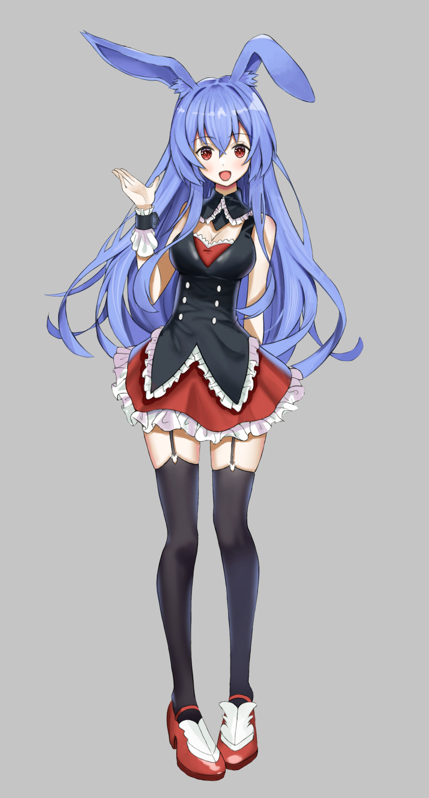 1girl absurdres animal_ear_fluff animal_ears black_legwear blue_hair blush breasts cleavage eyebrows_visible_through_hair full_body garter_straps grey_background highres kurousagi_(mondaiji) large_breasts long_hair looking_at_viewer mondaiji-tachi_ga_isekai_kara_kuru_sou_desu_yo? myuto_(advent_retribution) open_mouth pink_hair rabbit_girl red_eyes simple_background solo wrist_cuffs