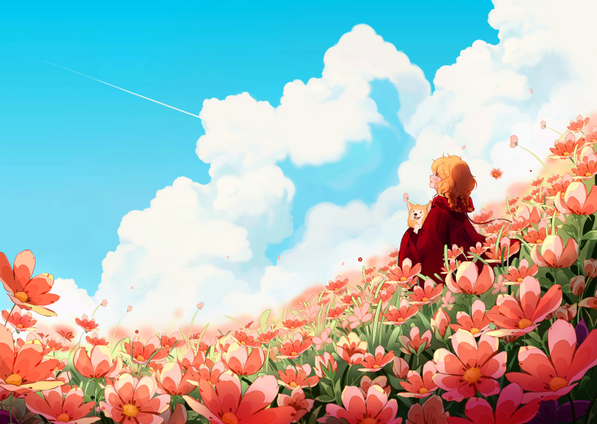 1girl absurdres animal bangs blue_sky blush braid brown_hair cloud day dog english_commentary field flower flower_field hair_ribbon highres holding holding_animal holding_dog hood hood_down original pink_flower red_ribbon ribbon scenery sky smile solo touya_(touyachann) twin_braids