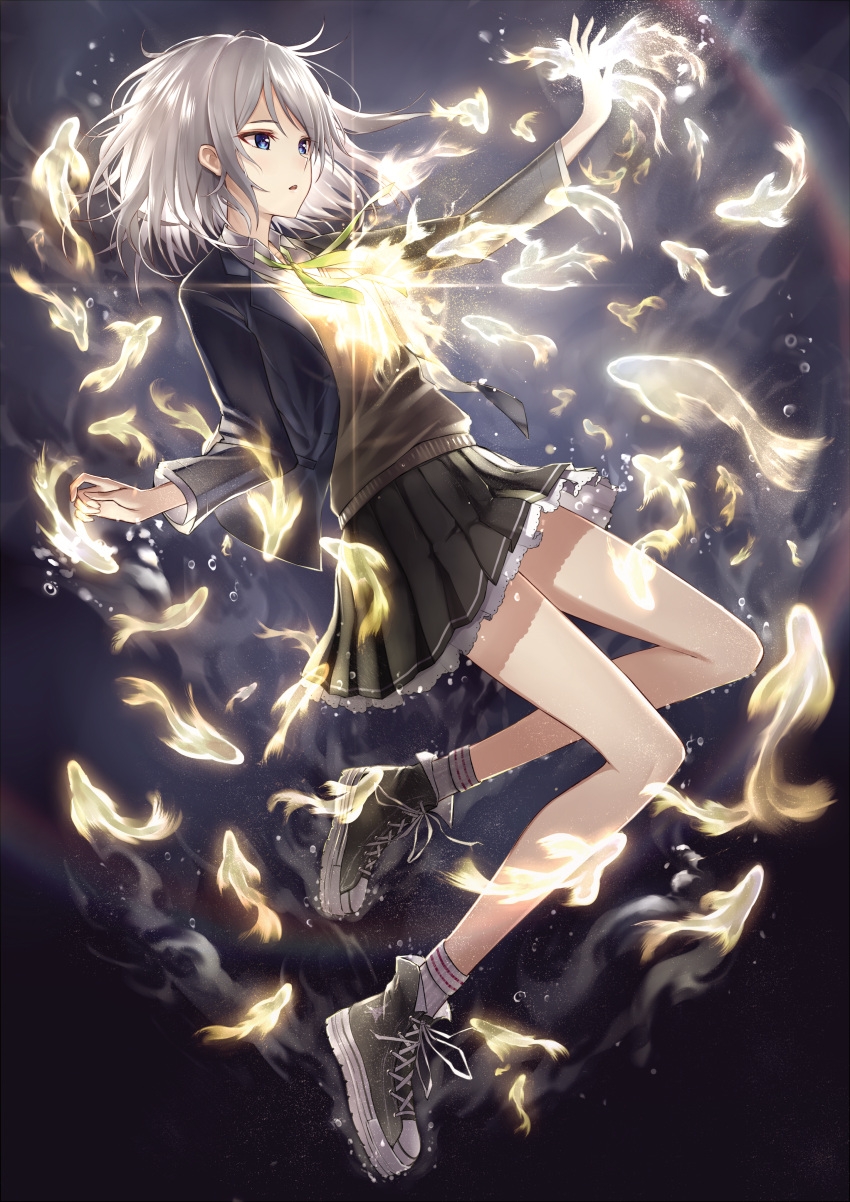 1girl absurdres air_bubble aqua_eyes blazer bubble commentary english_commentary famepeera fish highres jacket open_mouth original pleated_skirt school_uniform shoes short_hair silver_hair skirt sneakers solo sweater underwater water