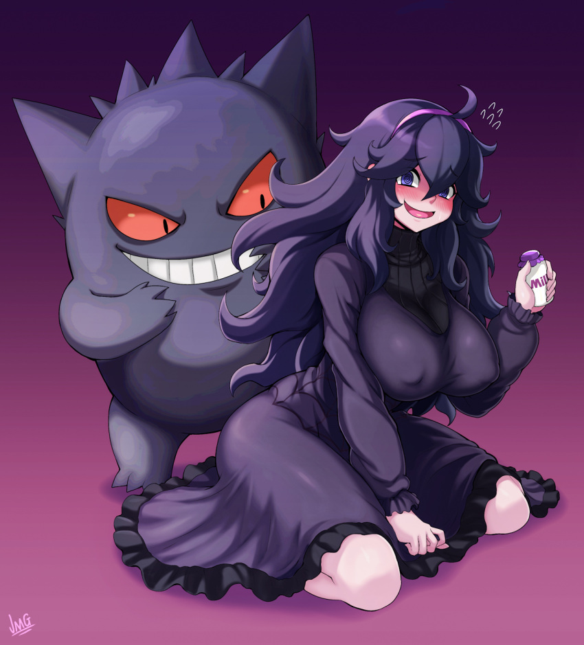 1girl ahoge alternate_breast_size blush bottle breasts commentary covered_nipples dress eyebrows_visible_through_hair flying_sweatdrops frilled_dress frills gengar hex_maniac_(pokemon) highres jmg large_breasts long_hair looking_at_viewer milk milk_bottle moomoo_milk pokemon pokemon_(creature) pokemon_(game) pokemon_xy purple_background purple_dress purple_eyes purple_hair revision ribbed_sweater simple_background smile sweater turtleneck turtleneck_dress