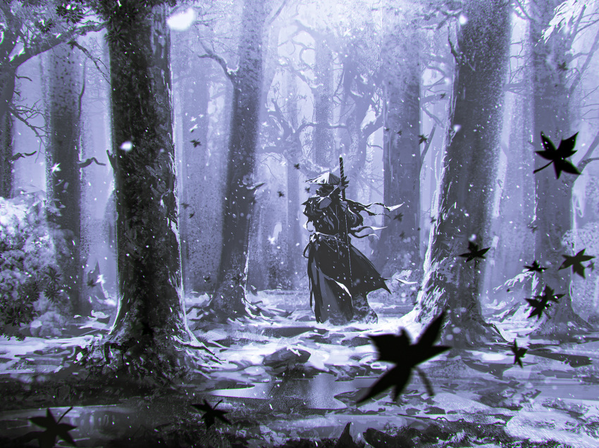 1boy absurdres armor commentary english_commentary facing_viewer falling_leaves forest hat highres japanese_armor kalmahul katana leaf nature original outdoors ronin scenery snow snowing solo standing sword tree water weapon winter