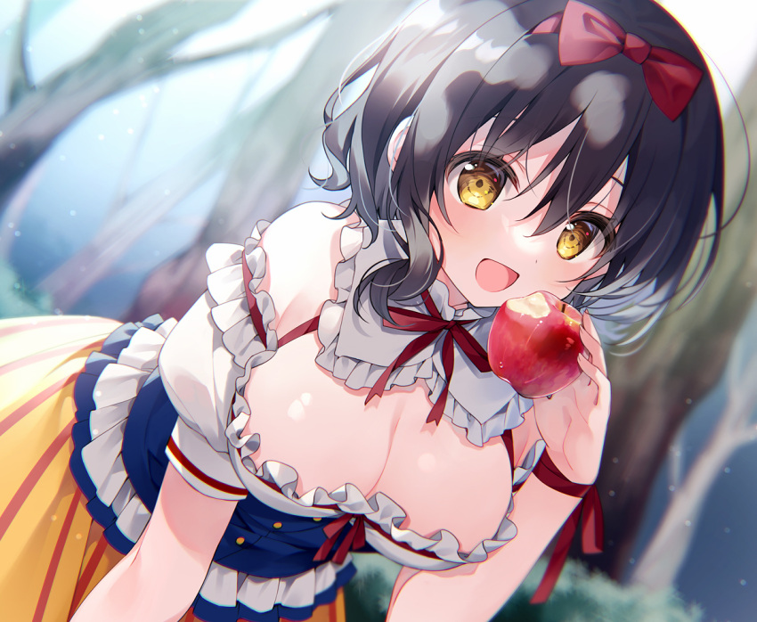 1girl :d apple bangs bare_shoulders black_hair blue_shirt bow bow_hairband breasts cleavage detached_collar food frilled_shirt_collar frilled_skirt frills fruit hair_between_eyes hair_bow hairband holding holding_food holding_fruit leaning_forward looking_at_viewer medium_breasts off_shoulder open_mouth puffy_short_sleeves puffy_sleeves red_bow red_hairband shirt short_hair short_sleeves skirt smile snow_white_(grimm) snow_white_and_the_seven_dwarfs solo suimya wavy_hair yellow_skirt