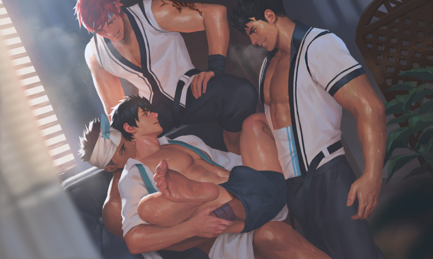 4boys abs arm_tattoo bara biting black_gloves black_hair black_pants blue_shorts bulge bulge_to_ass dark-skinned_male dark_skin duplicate full_service_(mazjojo) gloves groping headband holding_another's_leg indoors kovit_chaiyarit looking_at_another male_focus multiple_boys muscular muscular_male naked_towel navel neck_biting necktie oki_ardana on_person open_clothes open_shirt pants pectorals penguin_frontier pixel-perfect_duplicate rald_schwarz red_hair shirt short_hair shorts sideburns sitting smile spread_legs sunlight sweat tattoo teeth thick_thighs thighs tomoki_nakamoto towel towel_around_waist undone_necktie white_shirt window wristband yaoi