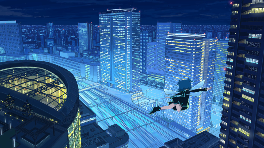 1girl blue_hair building city cityscape commentary_request fairy fairy_wings flying highres maju_(white_471glacia) night original outdoors railroad_tracks scenery short_hair short_twintails skyscraper solo twintails wings