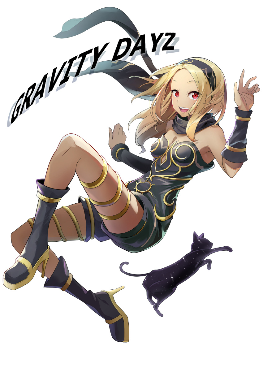 1girl absurdres black_leotard black_scarf blonde_hair cat copyright_name dusty_(gravity_daze) gold_footwear gravity_daze high_heels highres kitten_(gravity_daze) leotard medium_hair open_hand open_mouth red_eyes scarf shirowa smile solo thigh_strap vambraces