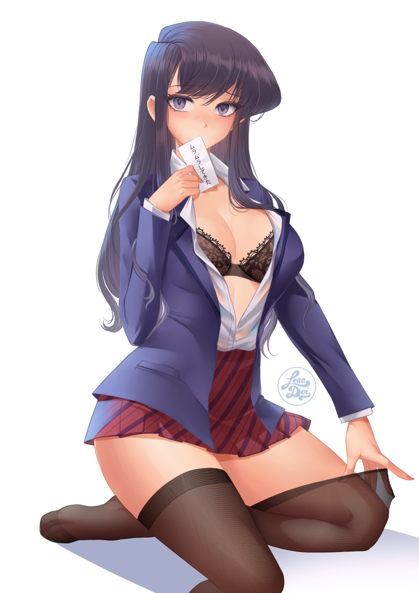 1girl absurdres alternate_legwear black_bra black_eyes black_hair black_legwear blazer blue_jacket blush bra breasts commission highres holding holding_paper jacket komi-san_wa_komyushou_desu komi_shouko large_breasts lena_dai long_hair long_sleeves looking_at_viewer paper pleated_skirt school_uniform shirt shirt_tucked_in simple_background skirt solo thighhighs underwear white_background white_shirt