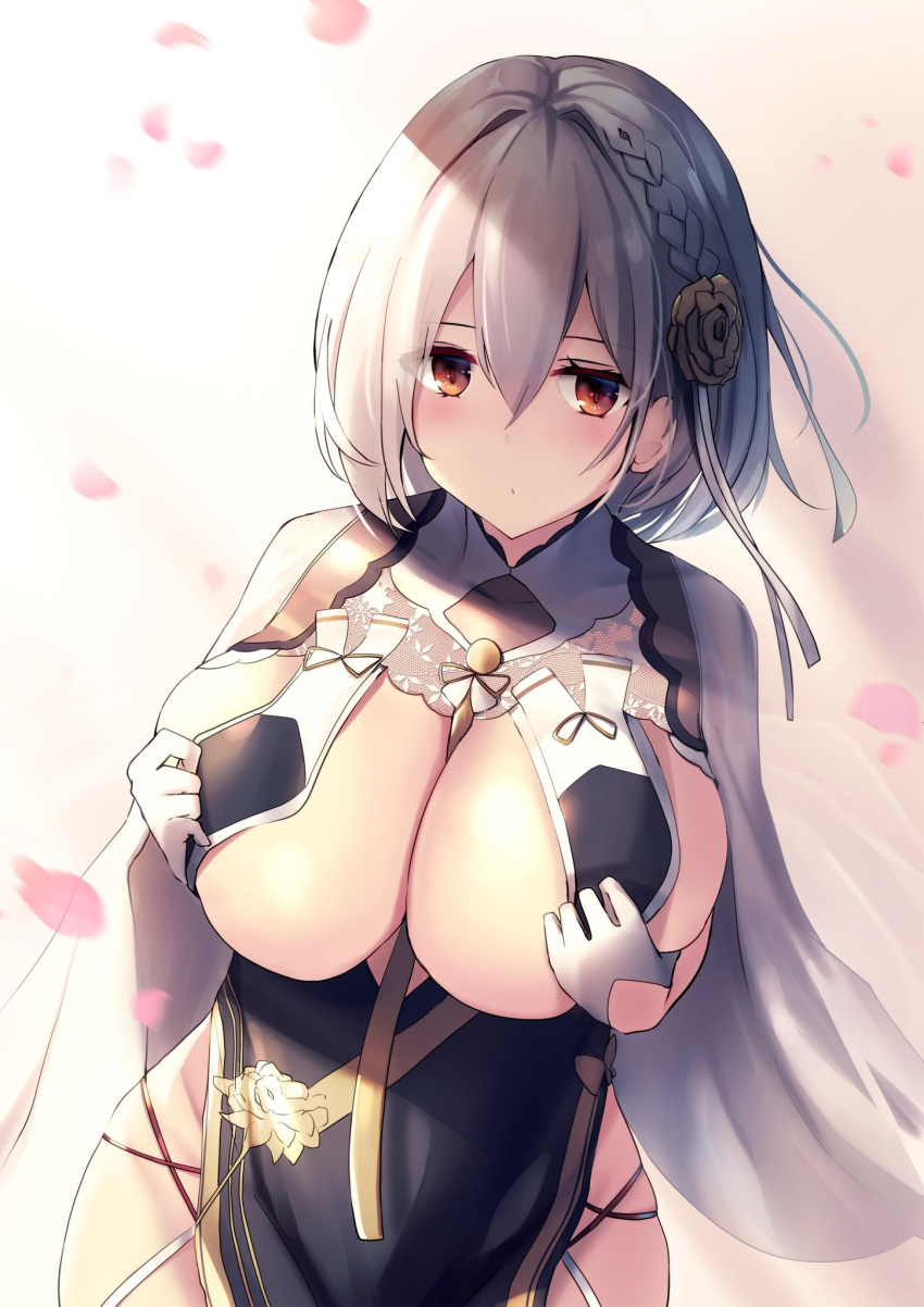 1girl azur_lane bangs braid breast_curtains breasts china_dress chinese_clothes closed_mouth dress flower garter_straps gloves grey_dress hair_between_eyes hair_flower hair_ornament half_gloves highres large_breasts liya looking_at_viewer official_alternate_costume pelvic_curtain petals red_eyes revealing_clothes see-through_sleeves sheer_clothes short_hair side_braid sirius_(azur_lane) sirius_(azure_horizons)_(azur_lane) solo white_gloves white_hair