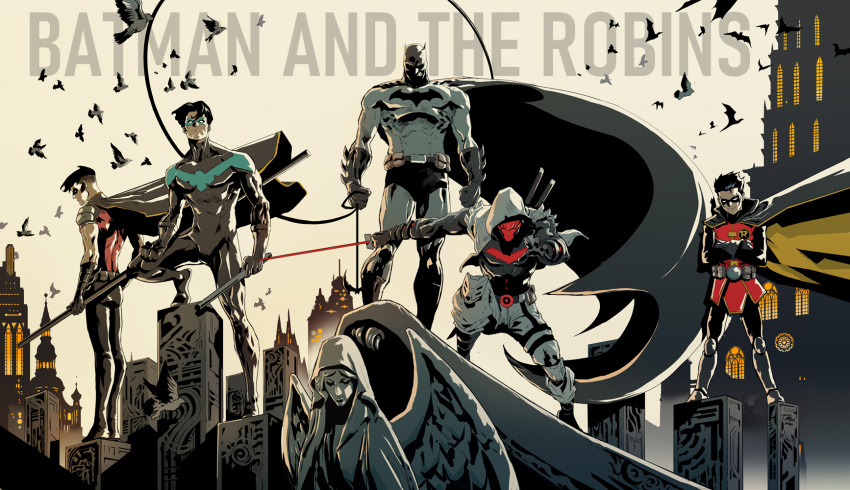 5boys bat batman bird bo_staff bodysuit bruce_wayne cape crossed_arms damian_wayne dc_comics dexter_soy dick_grayson domino_mask dove escrima_sticks eye_mask helmet highres hood jason_todd katana mask multiple_boys nightwing red_hood_(dc) red_robin robin_(dc) skin_tight spandex superhero sword tim_drake weapon