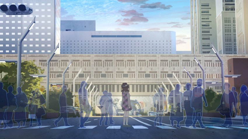 1girl black_footwear cloud cloudy_sky dress from_behind full_body hat kneehighs looking_afar purple_dress real_world_location shirt silhouette sky solo_focus standing tokoroten_(hmmuk) touhou traffic_light usami_sumireko walkway white_legwear white_shirt wide_shot