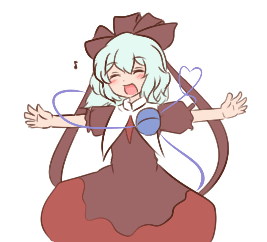 1girl bangs closed_eyes cosplay dress eighth_note eyebrows_visible_through_hair facing_viewer green_hair hair_ribbon heart heart_of_string highres kagiyama_hina kagiyama_hina_(cosplay) komeiji_koishi mizusoba musical_note open_mouth outstretched_arms red_dress red_ribbon ribbon short_hair short_sleeves simple_background smile solo standing third_eye touhou white_background