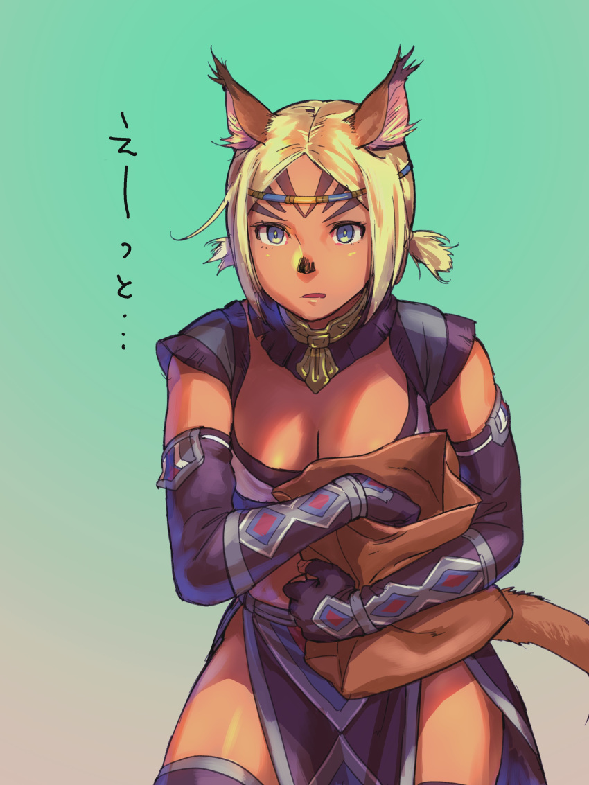 1girl absurdres animal_ear_fluff animal_ears avatar_(ff11) bag blonde_hair blue_eyes breasts bright_pupils cat_ears cat_girl cat_tail cleavage dark-skinned_female dark_skin elbow_gloves final_fantasy final_fantasy_xi fingerless_gloves gloves gradient gradient_background highres holding holding_bag loincloth medium_breasts mithra_(ff11) no_eyebrows open_clothes paper_bag purple_gloves short_hair short_twintails solo tail twintails yuccoshi