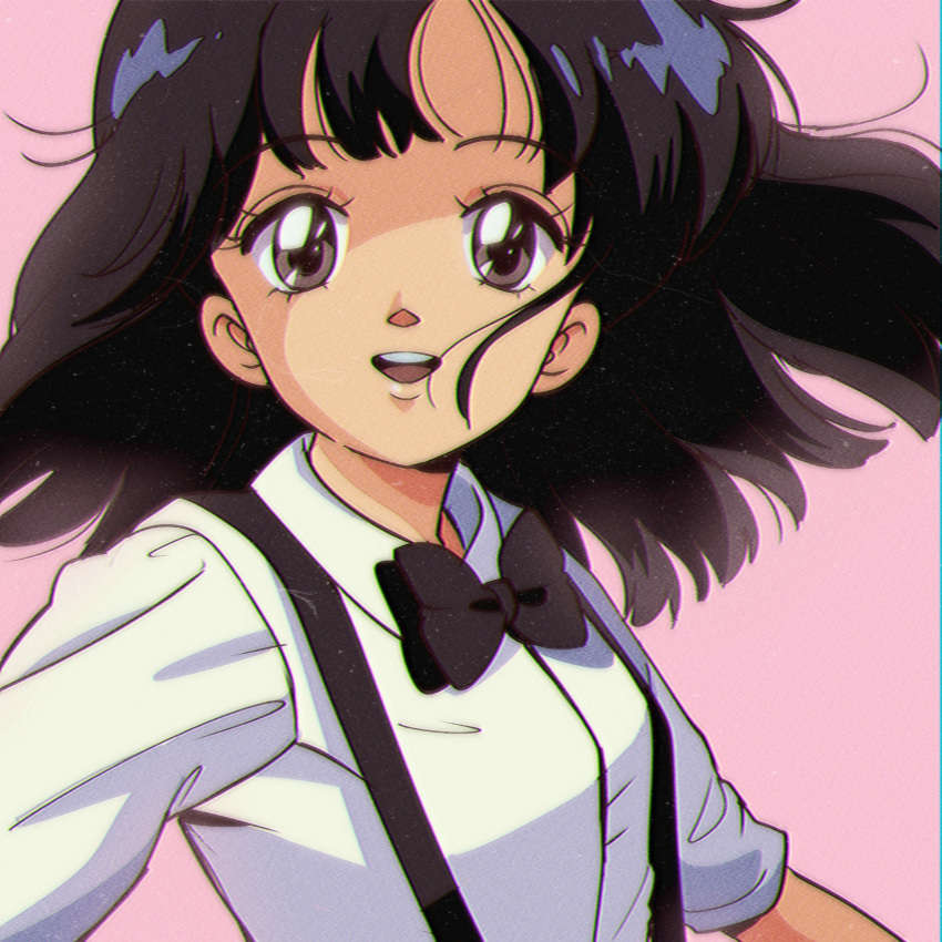 1980s_(style) 1990s_(style) 1girl absurdres album_cover_redraw anime_coloring bangs black_bow black_bowtie black_hair bow bowtie brown_eyes collared_shirt derivative_work dress_shirt grey_background highres long_hair looking_at_viewer open_mouth pink_background pirorin21century real_life retro_artstyle shadow shirt simple_background sleeves_rolled_up smile solo suspenders sweetest_music takeuchi_mariya upper_body white_shirt