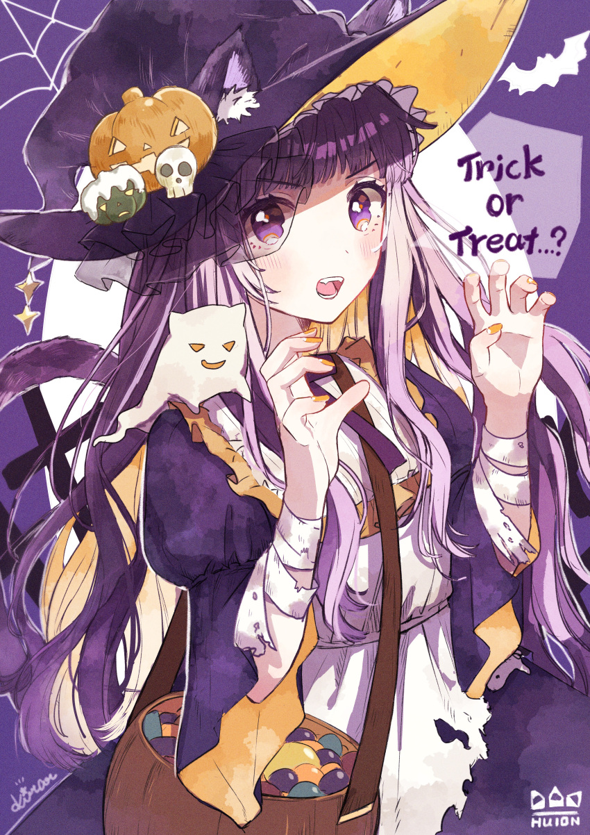 1girl absurdres animal_ears animal_print bandaged_arm bandages bangs bat_print blush brown_bag cat_ears cat_girl cat_tail claw_pose colored_inner_hair commentary_request copyright_name cowboy_shot dress frilled_jacket frills ghost ghost_tail halloween hands_up hat highres huion jack-o'-lantern jacket kirari_0810 long_hair long_sleeves looking_at_viewer lower_teeth multicolored_hair nail_polish on_shoulder open_mouth orange_hair orange_nails purple_background purple_eyes purple_hair purple_jacket signature spider_web_background tail teeth torn_clothes two-tone_hair upper_teeth white_dress wide_sleeves witch witch_hat