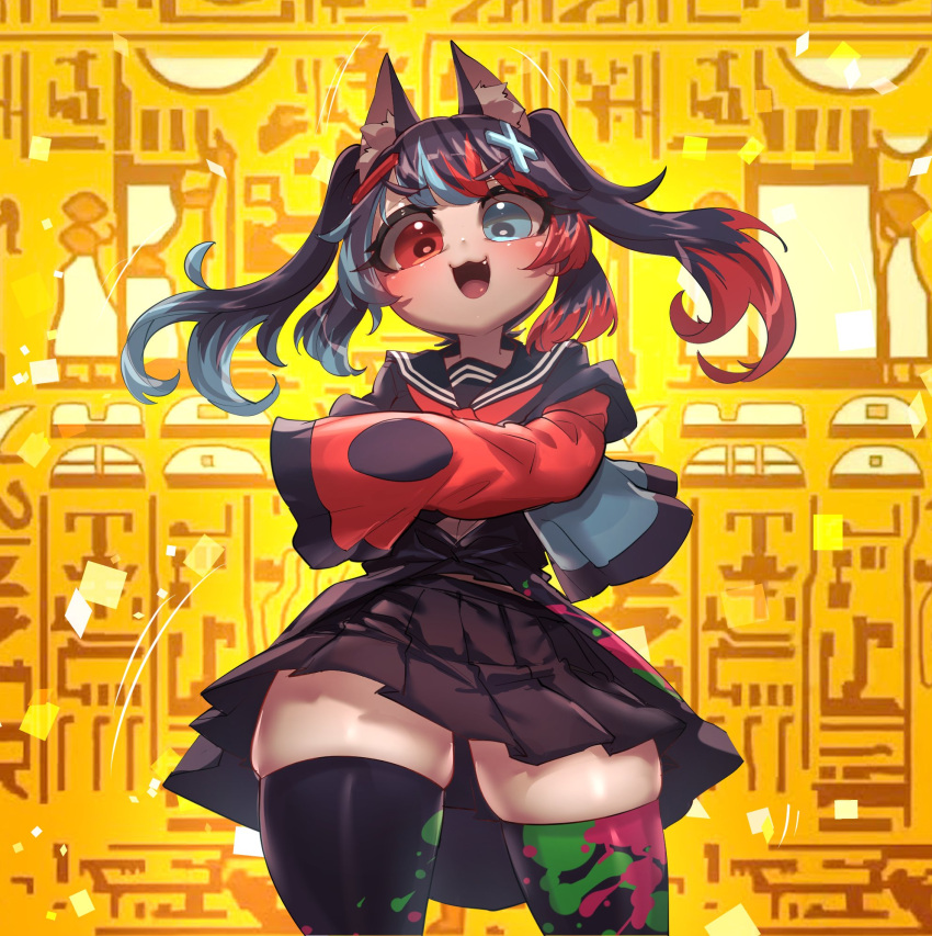 1girl animal_ears ankha_zone blue_eyes cat_ears ermao_wu fang hair_ornament heterochromia highres kneehighs multicolored_hair nintendo_switch nintendo_switch_(personification) open_mouth original personification red_eyes school_uniform skindentation skirt solo thick_thighs thighhighs thighs