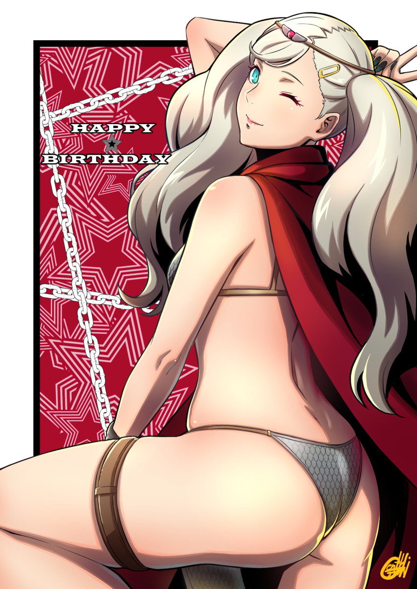1girl back bikini blonde_hair cape chain chained circlet commentary_request gentle_sasaki hair_ornament hairclip happy_birthday highres looking_back one_eye_closed persona persona_5 shiny shiny_skin signature solo swimsuit takamaki_anne twintails