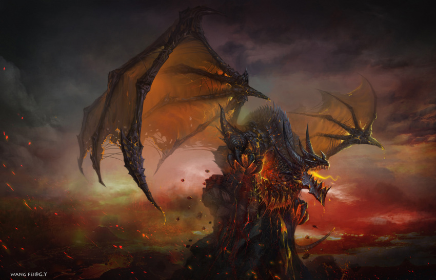 artist_name cloud cloudy_sky deathwing dragon guiyuan molten_rock no_humans orange_wings sky warcraft world_of_warcraft