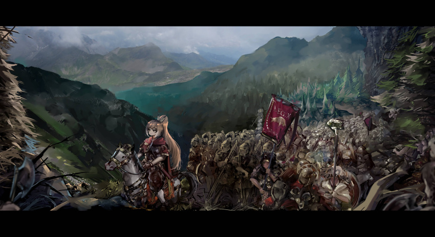 1girl absurdres armor army banner brown_eyes brown_hair cloak commentary english_commentary feather_hair_ornament feathers hair_ornament highres hololive hololive_english hoplite horse horseback_riding long_hair mountain mountainous_horizon nanashi_mumei people polearm ponytail red_cloak riding roman_clothes roman_empire shield spear tree virtual_youtuber vyragami weapon wide_shot