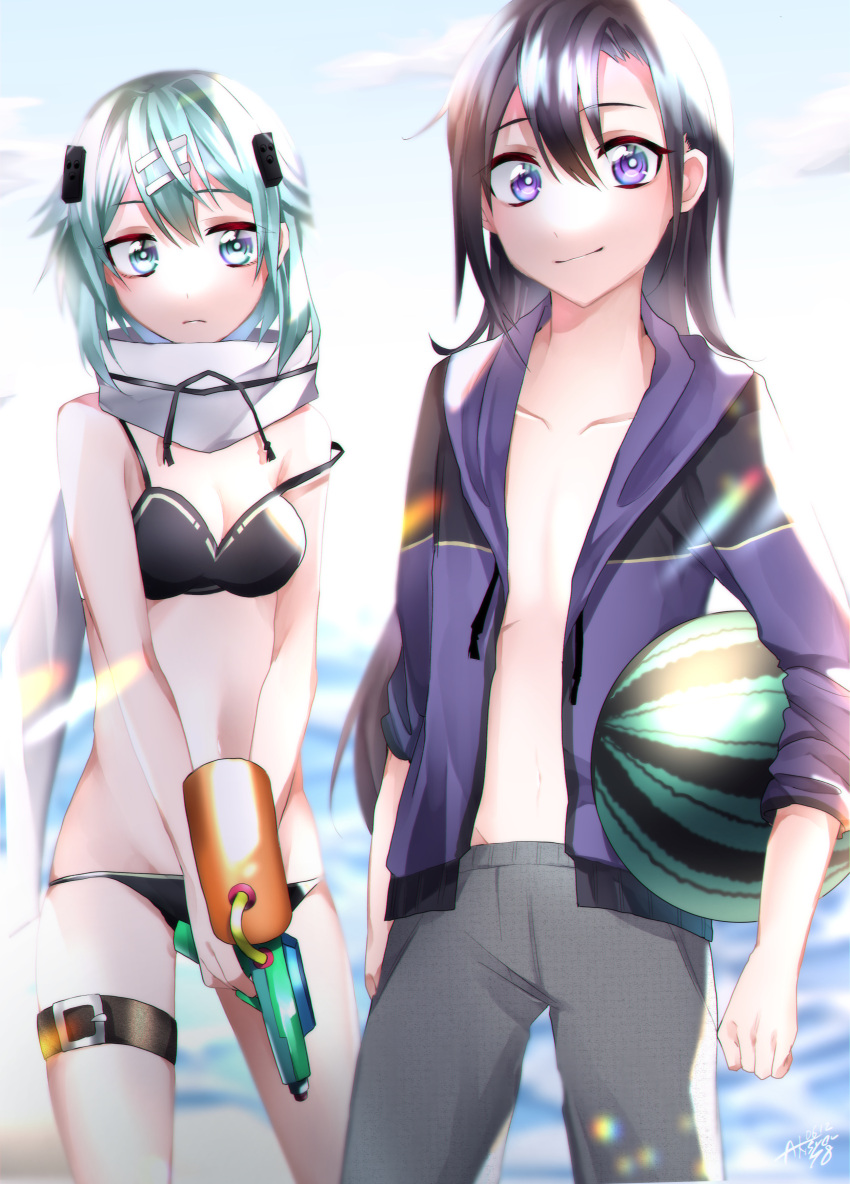 1boy 1girl absurdres androgynous backlighting bikini black_bikini black_hair blue_eyes blue_hair breasts cleavage closed_mouth food frown fruit groin hair_ornament hairclip hibiya_saeki highres holding holding_water_gun hood hood_down hooded_jacket jacket kirito kirito_(sao-ggo) long_hair long_sleeves looking_at_viewer lowleg lowleg_bikini medium_breasts off_shoulder open_clothes open_jacket purple_eyes purple_jacket scarf shiny shiny_hair short_hair_with_long_locks simple_background sinon smile straight_hair swimsuit sword_art_online thigh_strap water_gun watermelon white_background white_scarf