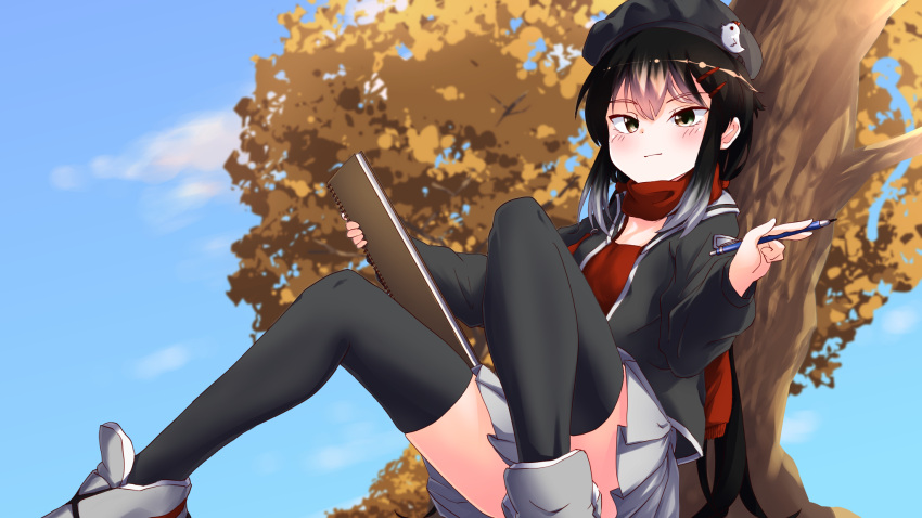 1girl autumn_leaves bangs beret black_hair black_headwear black_jacket black_legwear blue_sky blush closed_mouth commentary cookie_(touhou) day eyebrows_visible_through_hair full_body gradient_hair grey_footwear grey_hair grey_skirt hat highres holding holding_paper holding_pen jacket kurotsuki_hiiragi long_hair looking_at_viewer multicolored_hair outdoors paper pen pleated_skirt red_scarf red_shirt scarf shirt shoes sitting skirt sky sneakers solo the_chicken_that_appears_in_the_middle_of_cookie thighhighs tree very_long_hair yuyusu_(cookie)